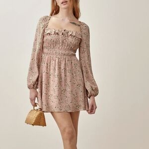 Reformation Morris Pink Smocked Floral Babydoll Mini Dress Size 2